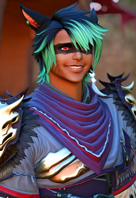 masterpiece, best quality, KrhisT1A, blurry background, animal ears, miqo'te, solo, depth of field, cat ears, green hair, multicolored hair, smile, looking at viewer, 1boy, jewelry, dark skin, earrings, facial mark, shoulder armor, two-tone hair, male focus, upper body, slit pupils, short hair, pauldrons, braid, armor, black hair, red eyes, outdoors, scarf, facepaint, metallic animal skull, 
