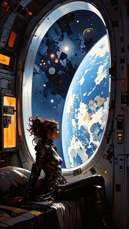 a stunning young woman sitting in front of a large window inside a spaceship. She gazes out into the vastness of space, where distant stars, nebulae, and planets create a breathtaking cosmic backdrop. She wears a seductive, form-fitting sci-fi or fantasy-inspired outfit, with metallic or leather elements that reflect the ambient spaceship lighting. Her hair is styled in an elaborate, flowing manner, adding to her enchanting presence. The interior of the spaceship is detailed with futuristic panels, soft glowing lights, and a high-tech aesthetic. The scene is painted in Dave Dormanâs signature detailed, painterly style with rich, dramatic lighting, bold brushstrokes, and a mix of realism and fantasy aesthetics. The cinematic composition enhances the depth and intensity, with reflections of space shimmering on the glass as she contemplates the universe beyond. <lora:CPA:0.7000000000000001> <lora:flux-sm41l33-comic-v1:0.6>