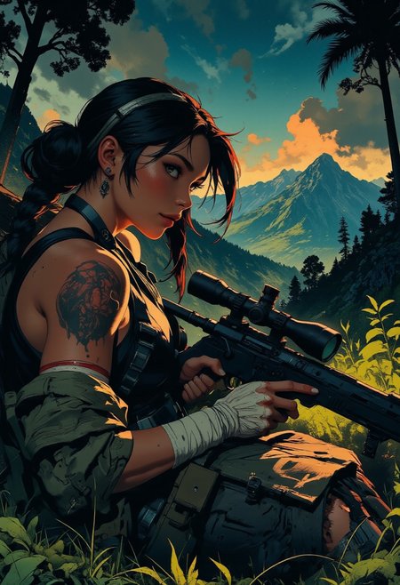 In the style of ff-td, nistyle, Silhouette Art, magnificent, crisp lines, closeup portrait of stunning mercenary, jungle, tropical, mountain top, overlooking a huge valley, beautiful girl, breasts, curvy, looking down scope, looking away from viewer, laying on the ground, laying ontop of jacket, aiming a sniper rifle, dark braided hair, backwards hat, armor, sleeveless, cutoff tanktop, holes ripped in pants, arm sleeve tattoos, muscle tone, dogtags, sweaty, foreshortening, depth of field, at night, night, tropical,
Closeup, detailed face, freckles, smirk, bandaged arm,