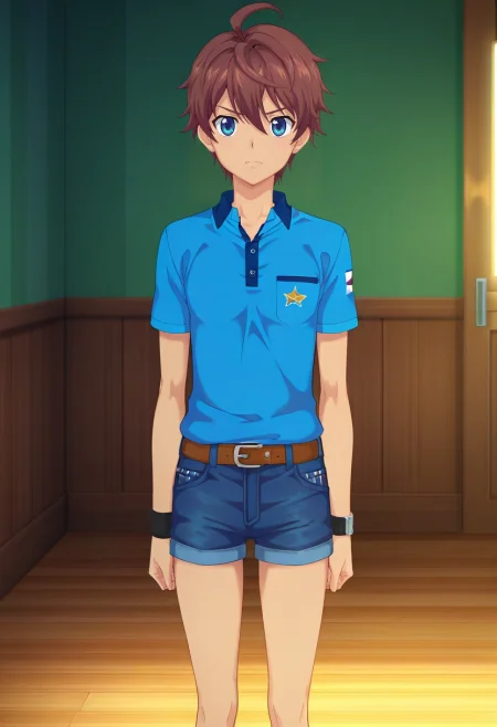 masterpiece, best quality, , anime screencap, , , looking at viewer, , 1boy, solo, male focus, <lora:seto_aihara_ilxl:1>, seto_aihara, brown hair, blue eyes, short hair, ahoge, , , Denim bermuda shorts, Pique polo shirt, , ,