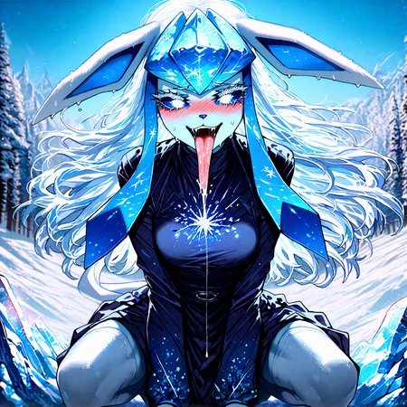 pokemon, glaceon , 1girl, ban! \(bansankan\):0.7, quasarcake:0.8, wlop:0.9, animal_ears ,animal_nose,blue_fur ,blue_hair ,blue_sclera, blue_sky ,blue skin,blue_theme, blurry, blush, body_fur, breasts,colored_sclera, cowboy_shot ,  fang, furry ,furry_female,  happy , medium breasts, looking_down , nose_blush, outdoors, personification ,pokemon_(creature),long_hair, shiny_skin ,sidelocks,sky, smile, solo ,sweat , tail ,white_eyes, long_sleeves, black_shirt ,black dress, white thighhigh, 
, squatting,long tongue, tongue_out , saliva,saliva_trail ,open mouth, leg, leg focus, from blow, looking at viewer,pov,
snowy, snow, outdoors,, fr0stwrld, ice ,
masterpiece, best quality, Good quality, very aesthetic, absurdres, newest, (Perfect details), solo,
<lora:Fr0stWrld4:0.7>, <lora:ponyv5_noobV065S_1_adamW:0.8>, <lora:illustrious_noobai_epsilon_pred_1_best_quality_v1:0.7> ,<lora:illustrious_noobai_epsilon_pred_11_very_aesthetic_v1:0.7> ,<lora:illustrious_noobai_epsilon_pred_1_masterpieces_v1:0.7>