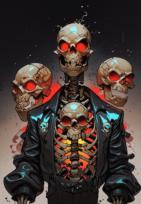 MythAn1m3, INCASE Style,   Title: "Dark Gothic-Style Illustration - Skull-Faced Figure"  Art Style: A dark, gothic-style illustration featuring a central figure with a skull-like face, red eyes, and an ornate umbrella with Japanese characters. The style emphasizes intricate details and a somber, mysterious atmosphere.  Subject & Details: The central subject is a figure with a skull-like face, red eyes, dressed in a black leather jacket adorned with intricate designs and symbols, including a skull emblem on the left side. The attire also includes a helmet with a similar skull design. The figure carries a large, ornate umbrella with Japanese characters.  Visual Elements: The figure's skull-like face, red eyes, black leather jacket with intricate designs and symbols, helmet, and ornate umbrella contribute to the dark and mysterious atmosphere of the image. The muted background with soft beige tones and faint silhouettes of birds in the distance add depth and visual interest. The overall color palette is dominated by dark shades of black, gray, and white, with the red eyes providing a striking contrast.  Composition: The composition focuses on the central figure's somber and mysterious appearance, emphasizing intricate details and the gothic atmosphere. Attention to detail in the character's facial expressions, body language, and physical characteristics helps create an immersive experience that tells a story or evokes emotions without relying on text. The overall color palette and muted background add depth and visual interest to the image.  Additional Details: The dark, gothic-style illustration exudes a sense of mystery and intrigue, with the figure's skull-like face, red eyes, and ornate accessories contributing to an air of foreboding and drama. solo, looking_at_viewer, short_hair, simple_background, shirt, 1boy, red_eyes, hat, jacket, upper_body, monochrome, male_focus, open_clothes, open_jacket, black_jacket, gradient_background, mask, glowing, glowing_eyes, clothes_writing, zipper, skull, cyborg, skeleton, cyberpunk, skull_print
