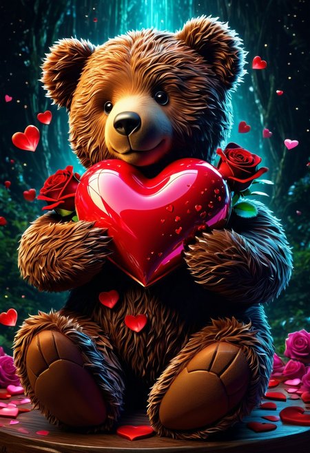 Valentine's Day, Teddy Bear Embrace a heart In Love, Hearts floating in air, Artwork that conveys the rich colors, textures, and emotions associated with the pairing of chocolates and roses on Valentine's Day. bioluminescent. breathtaking fairytale concept art, by Alberto Seveso, Cyril Rolando, Dan Mumford, Carne Griffiths, Meaningful Visual Art, Detailed Strange Painting, Digital Illustration, Unreal Engine 5, 32k maximalist, hyperdetailed fantasy art, 3d digital art, sharp focus, masterpiece, fine art, with high detail in textures and lighting