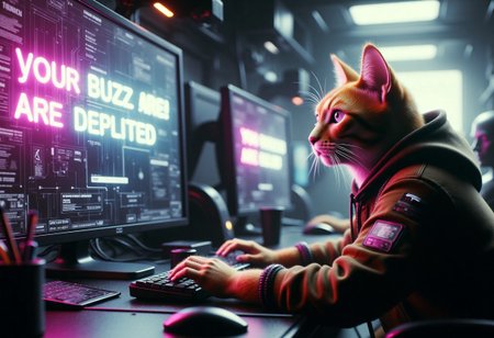 extremely photorealistic ultra-detailed, An intense, photorealistic photography, inside a space craft ,multiple giant screen , an orange cat, wearing hoodie, and tactical boots, sitting on front of his gaming computer, (shock expresion, crying,)  hesaid  speech buble "flux ate my buzz",  panicking while watching a giant screen display that display "your buzz are depleted" (with big bold textS)