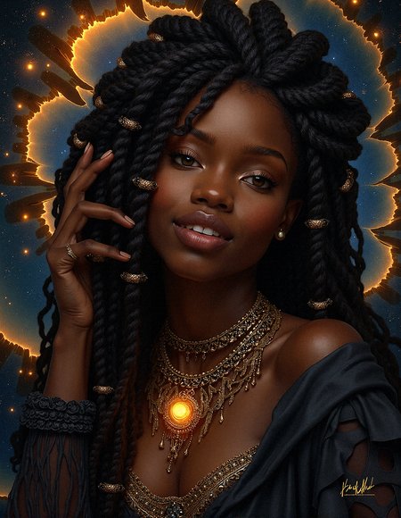 a detailed realism image of a dark-skinned woman with dark braids and beads, her hair blending seamlessly into a spiraling, fractal-like pattern with detailed skin and detailed skin pores The background glows with star-like particles, giving the impression that she is weaving the cosmos itself with her hair.

small, golden embers floating in the darker areas of the background, adding a touch of warmth and life to the scene.shadowed areas within the fractal background that resemble caverns or voids, adding depth and mystery to the composition.

a choker with intricate beadwork and a central gemstone that glows softly, drawing attention to her neckline and face. a long, flowing cape with fractal patterns that shimmer softly, enhancing her silhouette and connecting her to the ethereal background.

Emphasize her defined jawline and chin with subtle shading, giving her face a strong, elegant structure.er lips a slightly rosy hue, enhancing their natural color and making them look healthy and full.tiny light reflections on her lips, giving them a wet, glossy look that enhances their fullness.

One hand resting lightly on her cheek, head resting gently on her hand, with a serene smile.