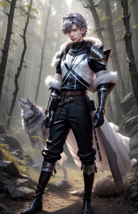 8k,  ((masterpiece)).((best quality:1.2)),  sharp focus, full body, head to toe, 1 young man, 22 years old, youthful appearance, male focus, dynamic pose,  silver colored hair, curly hair, EYESHD, Nora outfit fur accents, Nora outfit bead necklaces, Nora outfit pants, Nora outfit hip quiver, Nora outfit leg guards, Nora outfit arm braces, Nora outfit belt with pouches, and Nora outfit fur boots,   defined body, thin waist, looking at camera, armor,  detailed background a wooded clearing, a pet wolf standing nest to him,(absurdres) , <lora:more_details:0.5>, <lora:wrenchftmfshn>,<lora:add-detailxl:0.8>, <lora:Eyes_High_Definition-000007>,  <lora:bulge:1>, <lora:lightup_brightness_v200:1>, <lora:Nora:1>