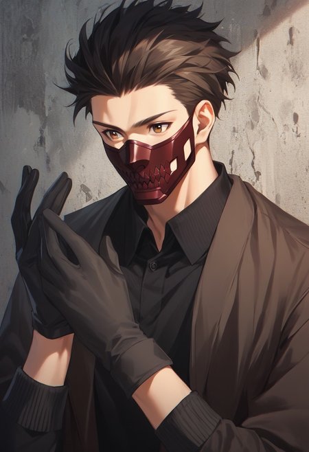 score_9, score_8_up, score_7_up, source_anime, rating_safe, Chromofuri, 1boy, male focus, dark brown hair, brown eyes, black shirt, red mouth mask, dark grey gloves, hands with five fingers,