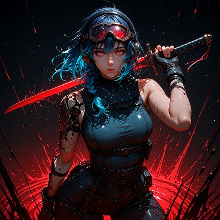 masterpiece, best quality, good quality, newest, highres, absurdres, 8K, realistic, red palette, multicolored background, 1girl, sleeveless, standing, looking at viewer, fingerless gloves, holding sword, medium hair, braided ponytail, blue hair, gradient hair, goggles, headphones, expressionless, (dynamic pose,:1.2), (lineless:1.2), (distortion effect:0.9), (disintegration effect:1.1),  <lora:add-detail-xl:3>
<lora:unfazed mixed gothic - IL:0.8>