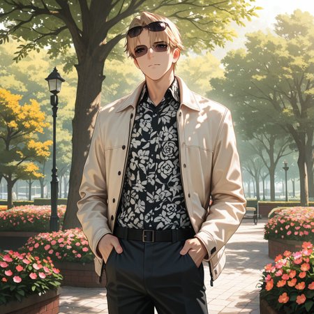 masterpiece, best quality, amazing quality, absurdres, newest, detailed background, definition so sharp, Ultra-HD, 8K cinematic, very awa, impressionate, amazing quality, highres, 
solo, male focus, manly, 
1boy, short hair, izumo_blonde, izumo_brown eyes, izumokusanagi, sunglasses \(on head\), stylish outfit, light jacket, patterned shirt, urban park, daytime, sunlight, dappled light, blooming flowers, pleasant atmosphere, approachable, laid back, standing, hands in pockets, confident posture,