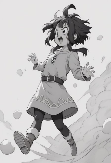<lora:Dragon Ball_XL:0.8>, score_8_up, score_9_up, 1girl, solo, megumin, full body, open mouth, female focus, monochrome, grayscale, (perfect hands), <lyco:GoodHands-beta2:1>