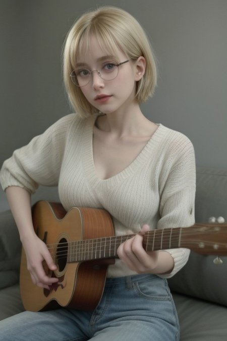 score_9, score_8_up, score_7_up, score_6_up, score_5_up, score_4_up, 1girl, (score_9, score_8_up:1.1), score_7_up,  blonde short hair, blue eyes, detailed eyes, big round eyeglasses, small breasts, slim, pierced navel, pale skin, living room, on a couch, wearing oversized green sweater, denim pants, acoustic guitar, playing_instrument, playing guitar, relaxed, cute smile, closed lips