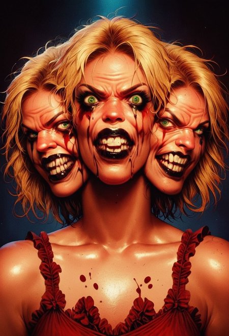 score_9, score_8, score_7, detailed, solo, 1girl, purple dress, angry, black lips, black lipstick, black nail polish, black nails, blonde hair, medium breasts, chest tattoo, crazy eyes, evil grin, evil smile, eyeshadow, green eyes, grin, horror, Shoulder length short hair, looking at viewer, messy hair, realistic, short hair, smile, solo, two-tone hair, knva, halftone effect, bloody, tiffany valentine, harley quinn, circus, clown, ghost, double exposure, blur, blood, bloody, Cerberus, three heads,