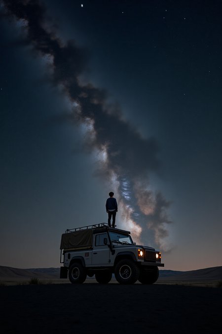 Here's a high-quality coherent stablediffusion prompt based on the input: A lone individual stands atop a rugged, off-road truck (possibly a 4x4) against a blackened terrain, bathed in the starlight of a celestial-filled sky. The vehicle, equipped with roof racks and gear, suggests a long journey or expedition into the wilderness. The human figure, still and contemplative, gazes upward at the stars, as if seeking answers to life's mysteries. In the distance, gentle hills rise from the dark terrain. Above, the Milky Way stretches across the sky like a glowing canvas, punctuated by a bright celestial object (Venus or Jupiter). The image is bathed in the warm light of starlight, with minimal color palette and strong contrast between the black foreground and luminous background, highlighting human smallness within a vast universe.