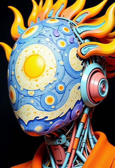 Surreal Van Gogh-style drawing, extreme intricate cinematic head closeup, ajpasbot, faceless Yakuza android, inspired by traditional irezumi tattoo art, fully reimagined in a swirling, chaotic dreamscape of Van Gogh's brushstrokes and colors. The android’s head is a porcelain-smooth dome, completely featureless, sculpted in soft, flowing curves. Its entire surface is covered in a thick, expressive impasto of oil-paint-like textures—swirling spirals, turbulent strokes, and emotional waves of color.
Instead of bees and honeycombs, the surface becomes a storm of starry night fragments, golden suns, and tangled vines that radiate from the center like the cosmos in motion. Electric blues, violent yellows, deep ochres, and twilight purples bleed into one another in uncontrolled rhythm. Twisting forms resembling windswept sunflowers, abstract koi fish, and distorted temple roofs emerge and vanish within the chaos—each detail hyper-rendered but swimming in the instability of Van Gogh’s visionary mind.
Microscopic dream fragments—like melting eyes, rising smoke, calligraphy that loops into nothing—are subtly hidden within the brushwork, revealing themselves only when stared at too long. The whole head becomes a sacred mural of madness and beauty, an uninterrupted composition of motion and myth, caught between ancient spirit and synthetic soul.