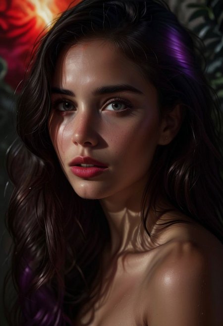 close up photograph ,hyper realistic black and white portrait of Ariel, piercing light gaze ,three quarter position and plunging view, sampaguitajay style, organic background, in the style of realistic usage of light and color, red and purple light layer, red touch matte painting, rubn maya, bold shadows, marvel comics, wifredo lam, dimensional layering, jessie arms botke black and white portrait of  Ariel, in the style of realistic usage of light and color, chiaroscuro, rubn maya, bold shadows, abstract touch, marvel comics, wifredo lam, dimensional layering, faded grey background, shoot with Nikon D750, jessie arms botke , red and purple light laye
