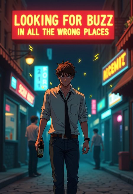 the phrase **"LOOKING FOR BUZZ IN ALL THE WRONG PLACES"** stands out in An anime scene of A disheveled, tipsy man stumbles through a neon-lit city street at night, clutching an empty beer bottle. His wrinkled shirt is half-untucked, and his tie hangs loose. Around him, blurry lights from bars and sketchy alleyways glow, capturing the chaotic nightlife energy.  Throughout the image little yellow stylized lightning bolts float around as if he is hallucinating.
Above him, in bold, glowing neon-style letters, the phrase **"LOOKING FOR BUZZ IN ALL THE WRONG PLACES"** stands out, dominating the scene with a comedic, ironic touch.