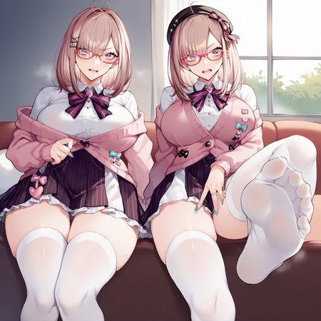 safe_pos, safe_pos, safe_pos, safe_pos, safe_pos, score_9, score_8_up, score_7_up, score_6_up, masterpiece, source_anime, high quality, perfect face, perfecteyes, perfect balance, detailed face, perfect lighting, eyebrows visible through hair, sukoya3rd, mole under eye, x hair ornament, hairclip, school uniform, white shirt, black sailor collar, serafuku, black skirt, glasses, white thighhighs, thighhighs, suzuhara lulu, virtual youtuber, brown hair, medium hair, blue eyes, black beret, hair bow, striped bow, pink bow, x hair ornament, white shirt, striped bowtie, black bowtie, jewelry, center frills, pink cardigan, multicolored bow, long sleeves, black bow, blue nails, ring, layered skirt, pink stripes, pink skirt, vertical-striped skirt, vertical-striped pantyhose, SimplePositiveXLv2, newest, absurdres, highres, very aesthetic, 200 cm tall,  
steamy, MAIDOLL, 2girls, full body shot, aroused flirting, long_legs,  tall girl,  tall_girl,long_legs, soles, showing soles, sole focus, feet, feet focus, large breasts,  steaming feet, fangs, low angle, dsocks, steam, long toes,
skindentation, angry, disgusted, indoors, bedroom, window, dimly lit, night
