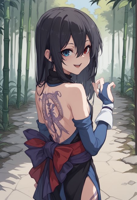 1girl, really long hair, hair hair between eyes, really long bangs, black hair, heterochromia, blue eyes, red eyes, body markings, japanese clothes, ninja, sash, bare shoulders, partially fingerless gloves, elbow gloves, ribbon, sideboob, tattoo, leg tattoo, back tattoo, from behind, turning around, walking, smile, open mouth, looking at viewer, hands up, age regression, flat chest, outdoors, bamboo forest, full body, upper body <lora:Shiki_SS:0.8>  <lora:KakureEriaPDXL-(jack cat) :1>