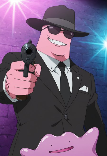 masterpiece, best quality, anime screencap, (solo, no humans),   zzDitto, smug, smile, teeth, sunglasses, suit, necktie, black hat, mafia, gun, aiming at viewer,   ,<lora:DittoPokedex_IXL_v1:1.0>,