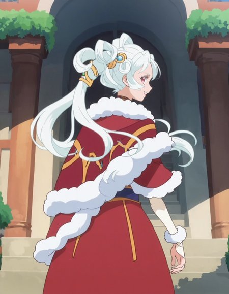 score_9, score_8_up, score_7_up, anime screencap, solo,1girl,sharon,white hair,dress, cape, looking at viewer, twintails, choker, fur trim,hair rings, jewelry,smile,medium breasts,cowboy shot,from behind <lora:sharon_pony:0.8>