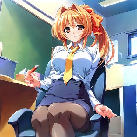 <lora:pony_xl_rumi:0.8>,rumi,score_9,score_8_up,score_7_up,source_anime,1girl,solo,orange hair ribbon,ponytail,skirt suit,long_sleeves,yellow tie,pantyhose,cowboy_shot,looking_at_viewer,fun,gentle smile,smile,happy,parted_lips,office,office_chair,sitting_on_chair,