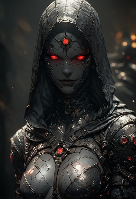 score_9, score_8_up, score_7_up, score_6_up, 1girl, robotic parts, cyborg body, metal skin, black skin, hood up,  slutty Smile, skank, slutty, seductive, Curious Eyes, hourglass figure, medium breasts, large ass, thigh gap, (Standing with the upper body leaning back), hkevil, sinozick style, flat color, dark theme, Expressiveh, harness, garter, straps, cupless bra