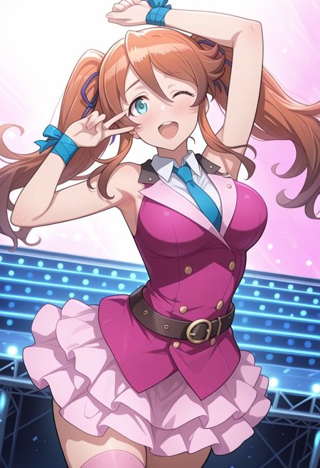 masterpiece,best quality,highres, absurdres, perfect composition, aya_sugihara, 1girl, twintails, long hair, brown hair, green eyes, blue eyes, breasts, necktie, sleeveless, pink waistcoat, white collared_shirt, ribbon, skirt, thighhighs, belt, bound wrists, zettai ryouiki, idol, Dancing, on stage, idol pose, cowboy shot, dutch angle, upper body, wink, open mouth, v ,