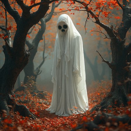 a photorealistic scene of a ghostly figure in an autumnal forest. The figure is draped in a flowing white robe, shrouding its body and face, with only hollow black eyes and a small, dark mouth visible, giving it a spectral yet serene appearance. The forest is populated with ancient, gnarled trees whose twisted branches reach toward the ghost, their bark rich with texture and detail, showing signs of age and decay. The forest floor and the ghost’s robe are scattered with red and orange leaves, their vibrant colors contrasting with the figure’s ethereal white. The background is a warm palette of deep reds, burnt oranges, and browns, evoking the essence of a mist-laden forest at dusk. Gentle shadows and soft ambient light filter through the trees, enhancing the ghost’s eerie glow and creating an atmospheric blend of tranquility and mystery. The scene captures a surreal beauty, where nature’s decay and the otherworldly presence of the ghost coexist in a hauntingly beautiful harmony.

With arms draped across the shoulders, creating a cloak-like effect.
