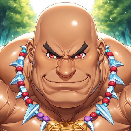 safe_pos, safe_pos, source_anime, detailed background, (score_9, score_8_up, score_7_up), zoroj, masterpiece, best quality, high quality, ultra detailed, highly detailed, high detail, artistic lighting, (highly detailed face, (perfect face, perfect eyes)), depth of field, perfect soft lighting, best shadows, perfect reflections, volumetric, detailed image, high resolution, defined faces, sharp definition,

solo, 1boy, male focus, Bruiser Khang, red eyes, dark skin, bald, necklace, musclebears, muscular male, bara, hyper muscles, veiny muscles,

forest, ((((face shot)))), looking at viewer, smile,
