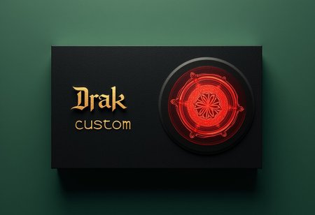 8k, ultra-detailed, masterpiece, best quality, a business card, black and green background, written in gold letter "Drak custom" 0n the left, right part red magic circle, written in the magic circle "Sublimation Company"