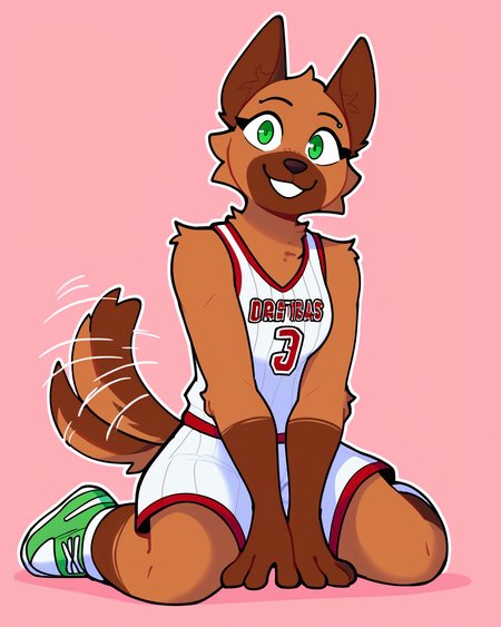 score_9_up, score_8_up, score_7_up, score_6_up,  by remanedur, brown body, short hair, furry female, female, furry, green eyes, eyebrow piercing, looking at viewer,  solo, smile, happy, three-quarter view, head tilt, basketball uniform, tail, sneakers, on ground, kneeling, basketball \(ball\), tailwag,  simple background, white outline, <lora:Leah_Pines(AIM)_XL_v1:0.15> <lora:PDXL_artist_tags_v2_big:0.6> <lora:The-Minuscule-Task_PDXL_v1.0:0.6>  <lora:Rose_Naire_sonokido:0.65>