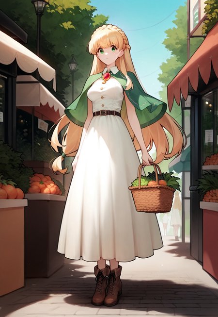 safe_pos, zPDXL3, score_9, score_8_up, score_7_up, 1girl, solo, medium breasts,

blonde hair, green eyes, crown braid, straight hair, very long hair, ribbon bangs, green capelet, white dress, sleeveless, belt, belt buckle, brooch, broach red gemstone, brown ankle boots,

outdoors, market, fruit, vegetables, holding basket, shopping, 

fomceline,