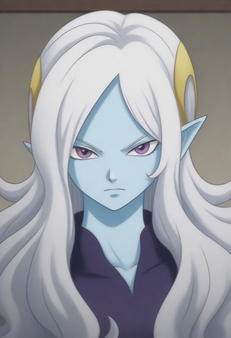 Masterpiece, Top Quality, source_anime, anime screencap, source_anime, auratheguillotine, anime screencap, masterpiece, source_anime, shiny skin,,,,towa(dragon ball), pointy ears, colored skin, blue skin, long hair, purple eyes,white hair, hair ornament, jewelry,
