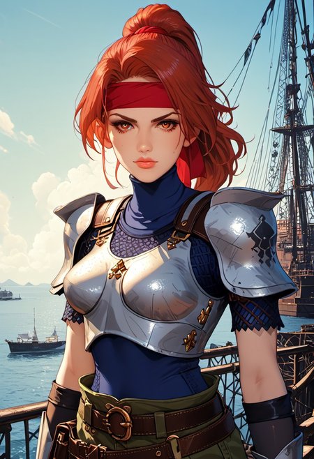 ((zPDXL3)), score_9, score_8_up, score_8, (SuperQuality:1.0) ~ (SuperQuality:1.2), ((full-body portrait)), Science Fiction, Star Wars, perfecteyes, ultra detailed, high resolution, high quality, masterpiece, intricate details, intricate body, intricate landscape, knva, Expressiveh, European Instagram Model, upper body shot, low light, sea background, pirate ship, 
BREAK
1girl, solo, source_cartoon, mature female, JessieFF7, ponytail, red headband, blue bodysuit,armor,chainmail, short sleeves, elbow gloves, fingerless gloves, belt, pouch, green shorts, baggy shorts, armored boots, beautiful, full lips, looking at viewer, closed mouth, cowboy shot,