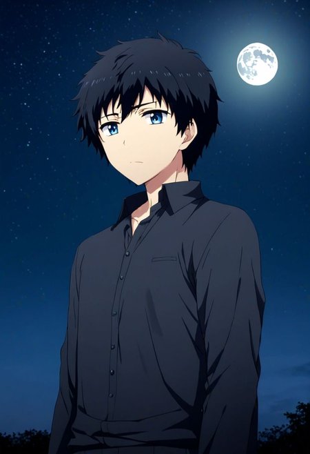 high resolution, solo, best quality, 1Boy, Arata Kaizaki, Black Hair, Blue Eyes, open space, night sky, moon, OverallDetail