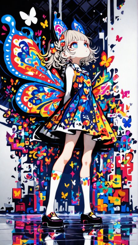 amazing quality, absurdres, newest, best quality,
1girl,legs apart, kneehighs, matrix background, reflective floor, cat ears, butterfly wings, colorful dress, cubism print,
 <lora:sometyome_style:1> sometyome_illu,