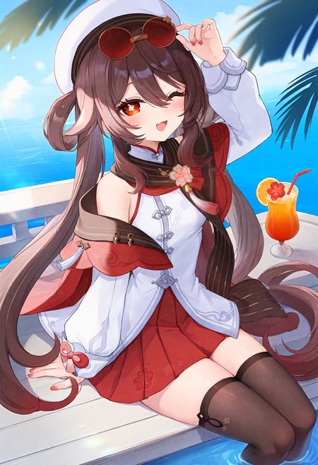 masterpiece, best quality, newest, absurdres, highres, amazing quality, very aesthetic, year 2023, year 2024,
hu tao \(cherries snow-laden\) \(genshin impact\), artist:kedama milk, newest,
1girl, solo, flower-shaped pupils, red skirt, symbol-shaped pupils, long hair, skirt, brown hair, pleated skirt, white shirt, puffy long sleeves, red eyes, sunglasses on head, tinted eyewear, sleeveless shirt, twintails, white headwear, hat, bare shoulders, red-tinted eyewear, beret, black thighhighs, hair between eyes, unworn eyewear, multicolored hair, gradient hair, off shoulder, medium breasts, nail polish, very long hair, zettai ryouiki, official alternate costume,
one eye closed, sitting, soaking feet, looking at viewer, drinking straw, two side up, arm up, open mouth, smile, water, ;d, outdoors, cup, sunlight, drink, flower, drinking glass, tropical drink, day, dappled sunlight, arm support, sidelocks, blush,
<lora:cherries_snow-laden_NoobAI-000005:1>
