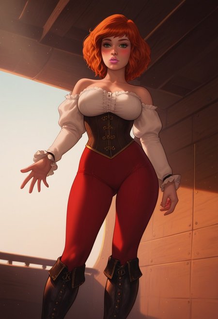 masterpiece,best quality, highly detailed, score_9, score_8_up, score_7_up, score_6_up, source_cartoon, BREAK,  apriloneil, orange hair, green eyes, large breasts, pink lips, big ass, wide hips, 
Detailed face,
Detailed hands,
hero shot, low angle, sharp focus, dynamic lighting. daytime on a pirate ship, sexy, a candid moment. Woman, solo, standing, posing, looking toward horizon, a sexy pirate, tight fitted corset, ruffle sleeve jerkin, leggings, high leather boots, medieval clothing, detailed skin, detailed face, radiant, jewelry, blushing, alluring expression, sun rays. Conveys emotion, artistic, cinematic outdoor lighting, bokeh.