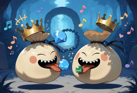 masterpiece,extreme detailed,outdoors,dungeon BREAK 2others,no humans,no_legs,goodybag_(dq),crown,no humans,gem,necklace,sharp teeth,tongue,<lora:goodybag_(dq)-NAI:1>,dancing,singing,musical note,happy,+++,closed eyes,