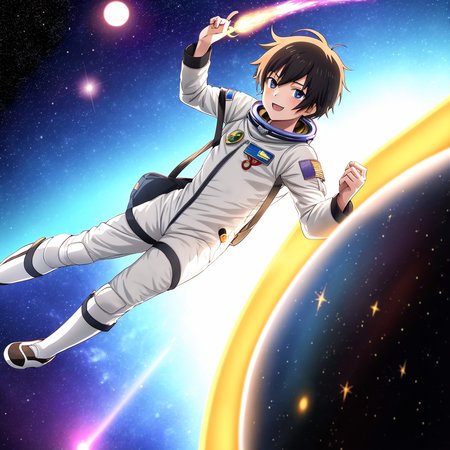 1boy, (anime), in space, in a spaceship, around a planet, sunlight, star, light, flash, wearing astronaut uniform