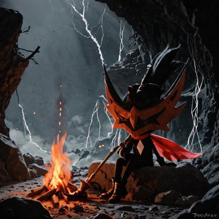 score_9,score_8,score_7, taterazay, mask, red cape, arms, high quality, hands, legs, boots, full body, background, highres, high resolution, dark lighting, sitting, fire, lonely, rock cave background, bonfire