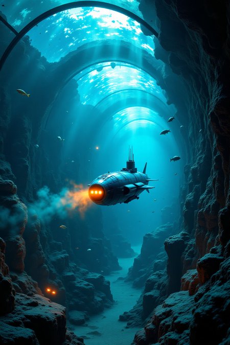 "Produce a photorealistic image of a fictional submarine vehicle navigating through a real underwater tunnel in a massive aquarium. The underwater tunnel should be meticulously detailed, featuring thick glass walls, realistic underwater lighting, and diverse marine life. The submarine vehicle must boast a unique and plausible design, as if constructed from high-pressure water-resistant materials. The orange light should filter through the water from the tunnel's lighting and the submarine's searchlights, creating a warm, ethereal glow. A subtle fog should diffuse through the water, adding a layer of depth and mystery to the underwater scene."
