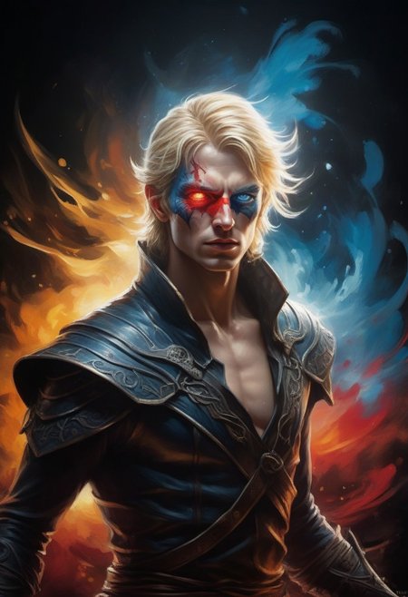 full body, a male wood elf with short blonde hair, tall and strong, eye patch, blue eye, strong jaw, assassin's creed outfit, amazing colors, vibrantly colored hyperdetailed ink art depicting legendary defiance against impossible odds. Strong top lighting effect. Volumetric lighting. Chiaroscuro oil painting by Caravaggio. Vivid white powder. Deep glow effect, cinematic light bloom,  fighting scene, breathtaking, (((action scene))), cinematic lens flare. Grimdark, gritty, intense, volatile. Hypermaximalism. Motion blur. Full-frame fisheye lens. 32K cinematic hyperrealistic fantasy ultradetailed masterpiece.Strong top lighting effect. Volumetric lighting. Chiaroscuro oil painting by Caravaggio. Vivid white powder. Deep glow effect, cinematic light bloom,  fighting scene, breathtaking, (((action scene))), cinematic lens flare. Grimdark, gritty, intense, volatile. Hypermaximalism. Motion blur. Full-frame fisheye lens. 32K cinematic hyperrealistic fantasy ultradetailed masterpiece.