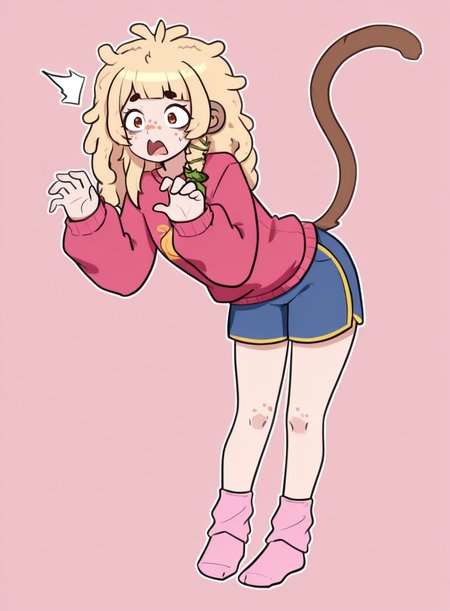 1girl, solo,  <lora:BananaJuju:0.8> bananajuju, blonde hair, brown eyes, freckles, monkey tail,
red hockey sweater, wide sleeves, blue boxing shorts, pink bobby socks, no shoes, standing, leaning slightly, eyes bulging, shocked expression, frozen pose,
 <lora:AcanthAI-IL:0.9> acanthai, extremely detailed, highres, masterpiece, best quality