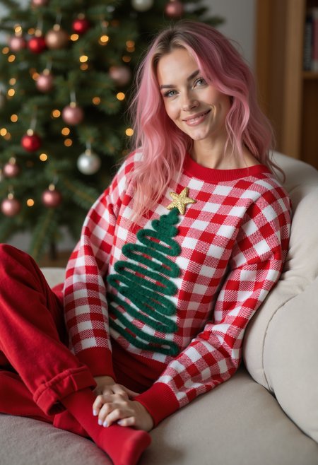 clo031, full body shot, beautiful woman, pink styled hair, smiling, wearing a red-and-white checkered knit sweater with a fuzzy green Christmas tree design and a gold star on top, soft textures, long cozy pants, red christmas socks. lying on a couch in front of a christmas tree, in a cozy living room
