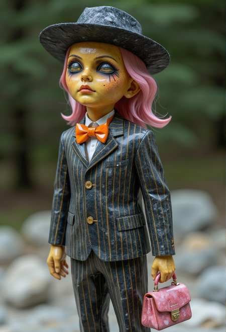 <lora:ck-polygon-gems-0019.safetensors:1> a crafted gemstone model in the style of cklg featuring a
In a blurry, low-resolution photograph, a grotesque figure stands alone, its yellow skin and pink hair rendering it an unsettling presence. A tattered striped suit, black hat, and orange bow tie add to its macabre aesthetic, as does its grasping of a pink purse and the unnatural makeup on its face.