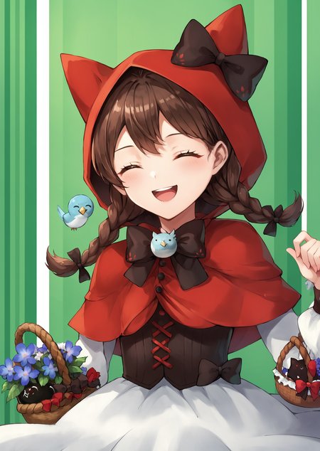 core_9, score_8_up, score_7_up, score_6_up, score_5_up, score_4_up,  <lora:Codename_Red_Riding_Mina_-_The_Battle_Cats:1> cnrrmina, 1girl, solo, smile, open mouth, brown hair, long sleeves, dress, bow, closed eyes, braid, flower, hood, twin braids, black bow, capelet, bird, corset, green background, basket, striped background, red capelet, holding basket, red hood, little red riding hood (grimm) (cosplay), little red riding hood (grimm), BREAK source_anime