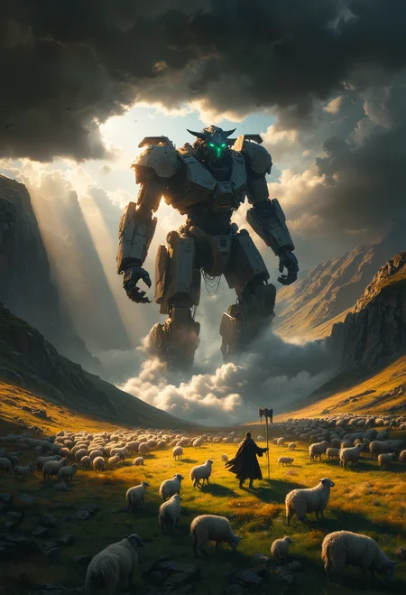 A fantasy landscape with a colossal and gigantic mech figure towering over a shepherd and his sheep. The lighting is dramatic, casting long shadows over the scene. Use a dark color scheme to create a sense of foreboding., <lora:MJ52:0.3>, <lora:MJ52_v2.0:0.7>, <lora:add-detail-xl:1>