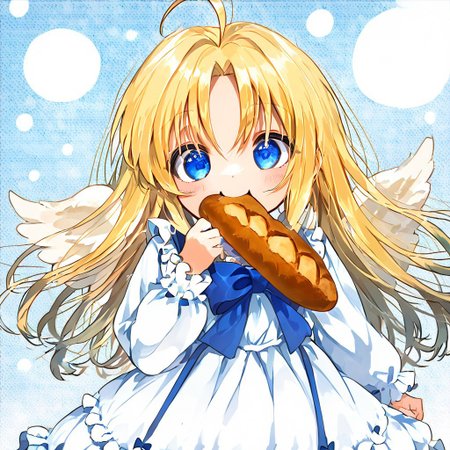 score_9, score_8_up, score_8, score_7_up, 
1girl, solo, AEFilo, blue eyes, blonde hair, ahoge, long hair, white wings, blue bowtie, white dress, frilled dress, frilled sleeves, long sleeves, barefoot, polka dots background, smile, eating, bread, loaf, eating, close shot, cute girl, looking at viewer,
cute, kawaii, hearts,