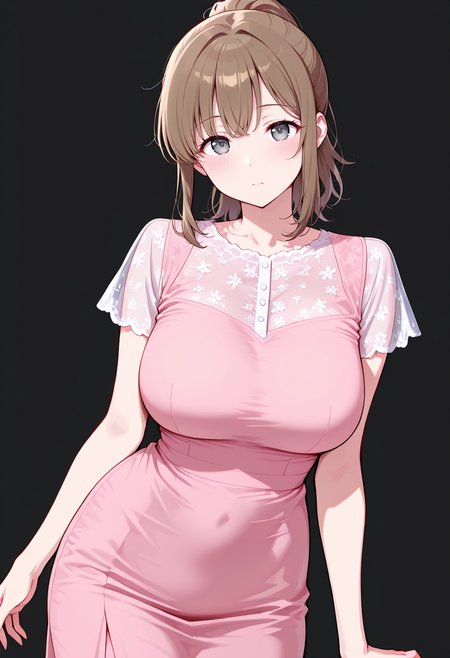 masterpiece, best quality, amazing quality, simple background,((outlined outlined vector graphics)),  simple background,  black background,
 ,  looking at viewer ,cowboy shot, pov ,  looking at viewer 
1girl, 20yo, brown hair, gray eyes, (large breast:1.1), (ponytail:1.1), medium hair,(curvy:1.1),bangs , cute face, peaceful,
pure-kyaba-dress, short sleeve dress ,pink dress, see-through sleeves, see-through dress <lora:pure-kyaba-dress-il-01:1.0>